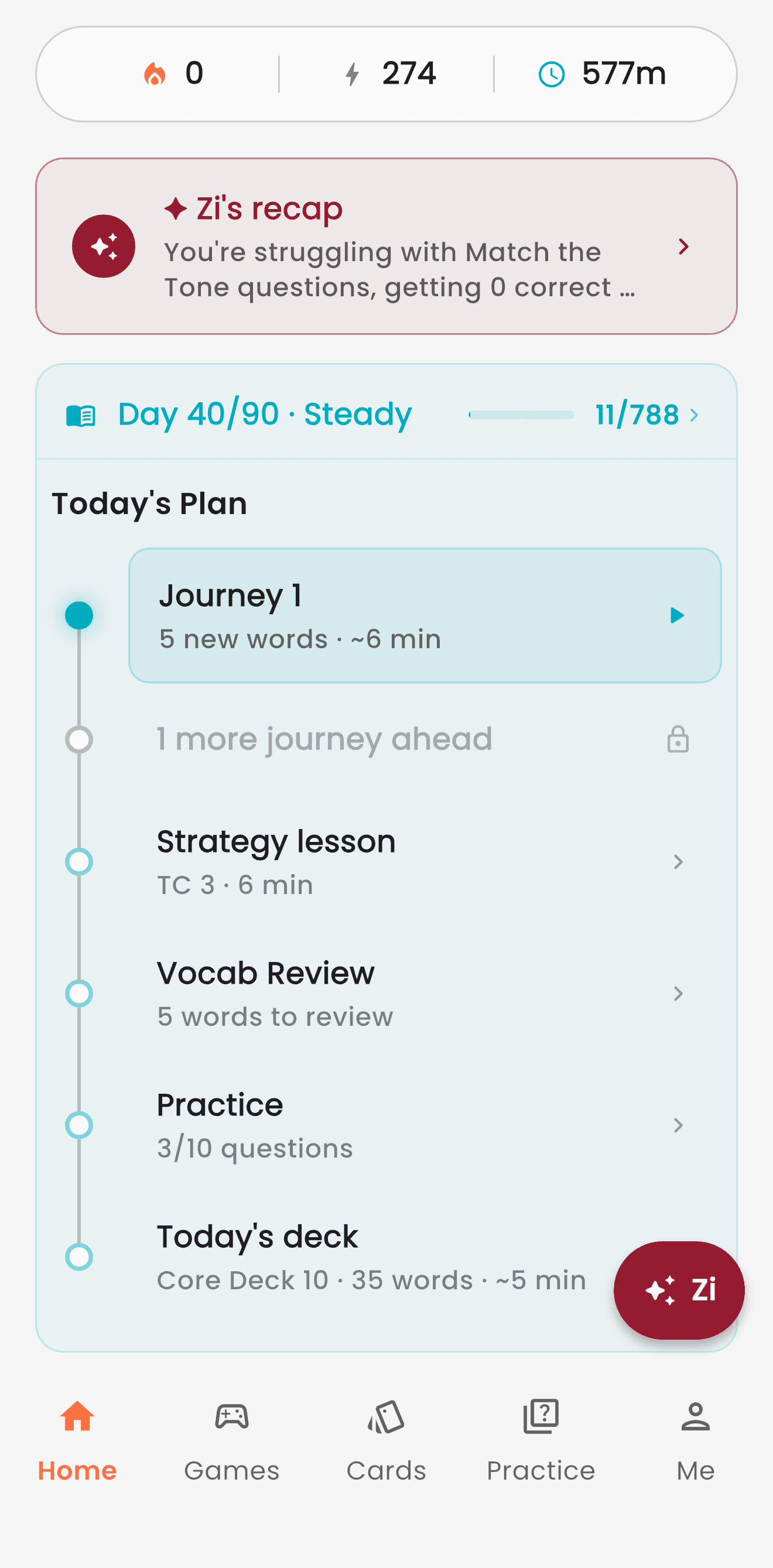 Grezi home screen showing a personalized daily plan and Zi's recap of weak areas
